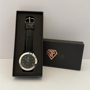 Vintage Men’s DF Stainless Steel Quartz Watch Black Leather Band NIB NWT